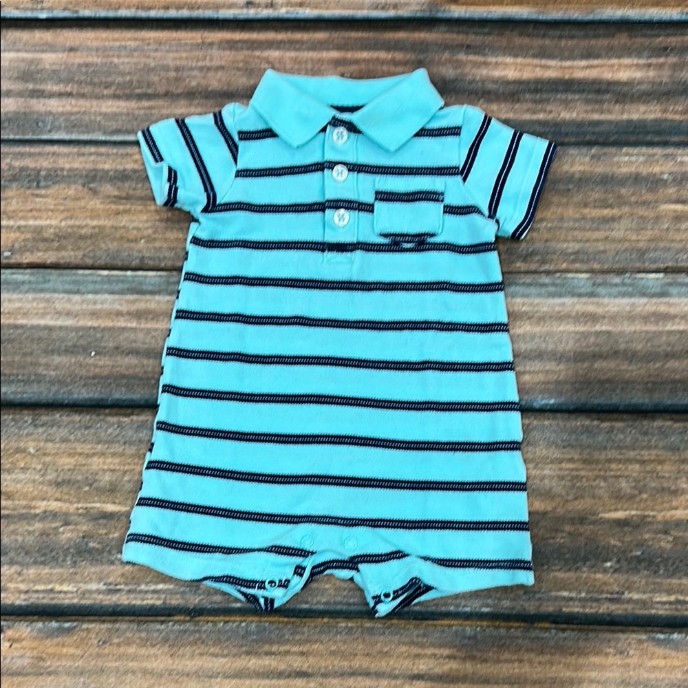 Carter’s Size 6 Month Striped Blue Baby Boy Collared Short Sleeve Romper